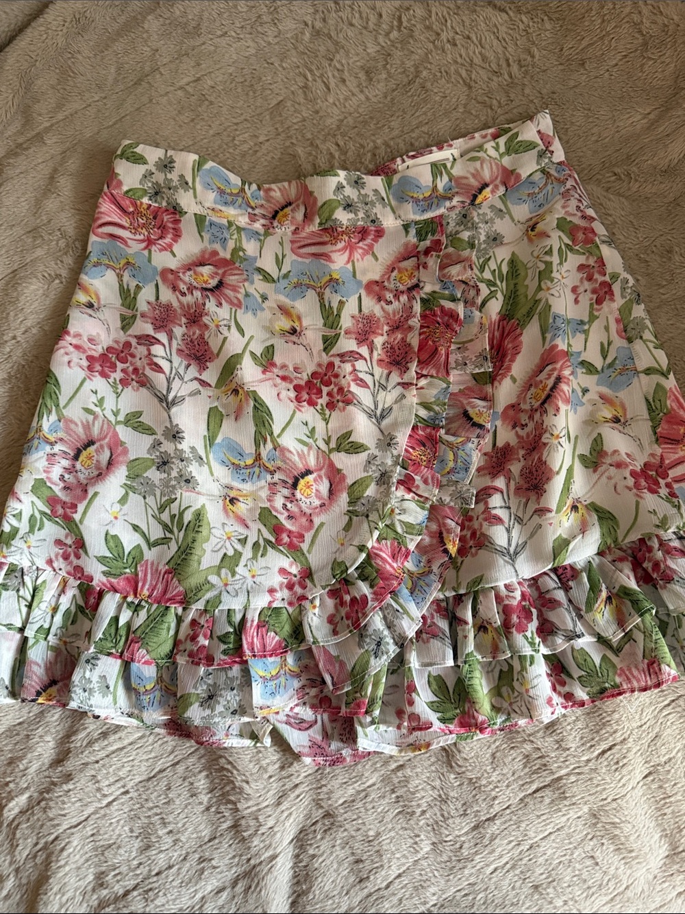 Love Riche Floral Ruffle Mini Skirt - Pink, Green & Blue on White